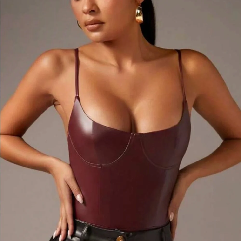 NWT Shein Bae Burgundy Bodysuit with Plunging Neckline and Form-Fitting Design - Picture 5 of 11